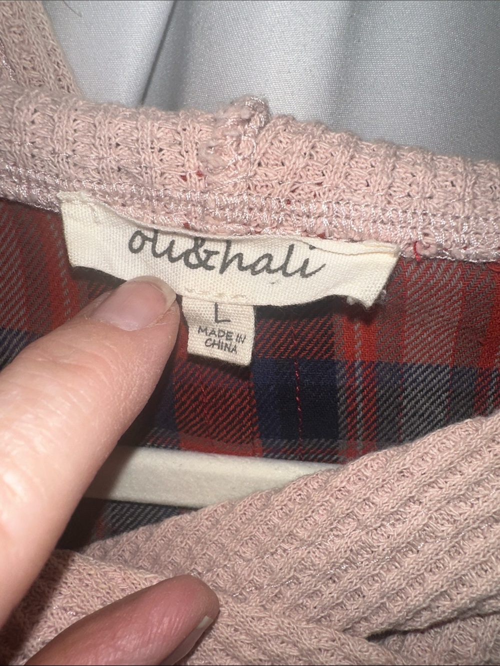 Oli & Hali Pink Knit Hooded Top/dress with Red and Navy Plaid Lining - Picture 2 of 6